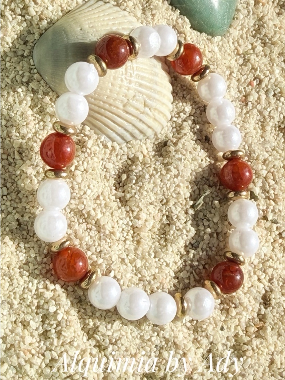PEARL & CARNELIANS Red and White Beaded Stretch Bracelet
